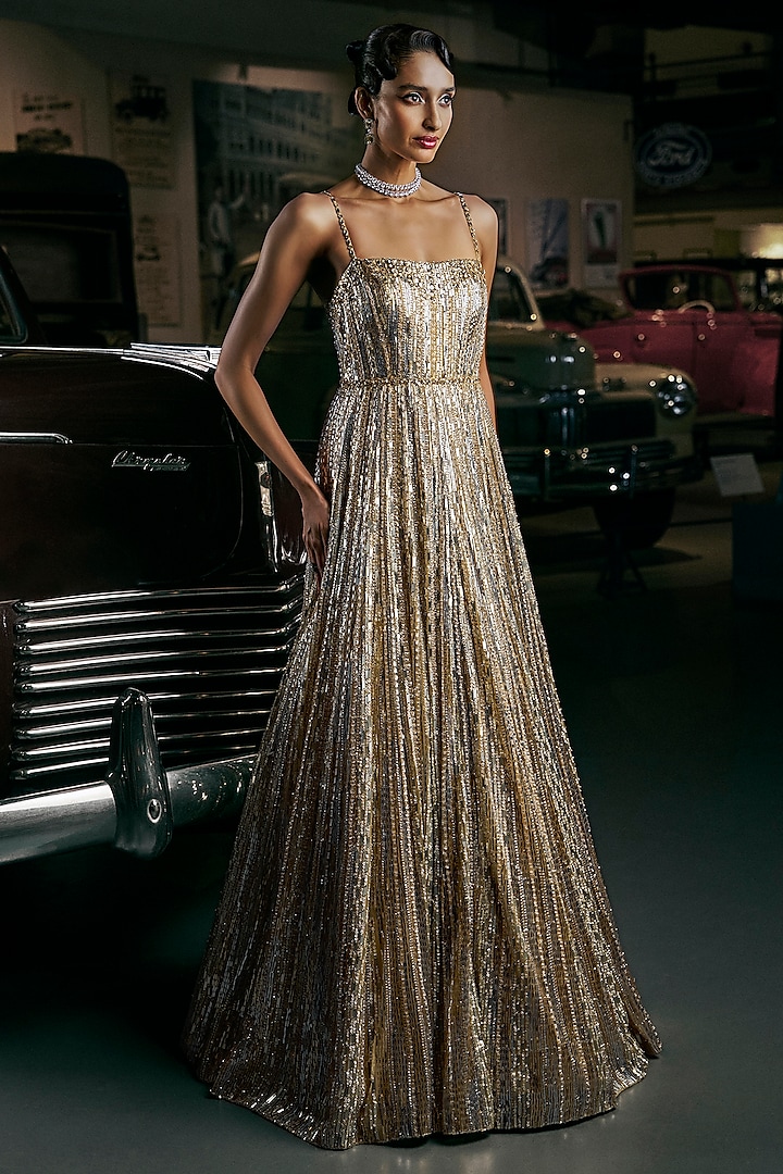 Silver & Gold Net Sequins Embroidered Gown by Seema Gujral at Pernia's Pop Up Shop