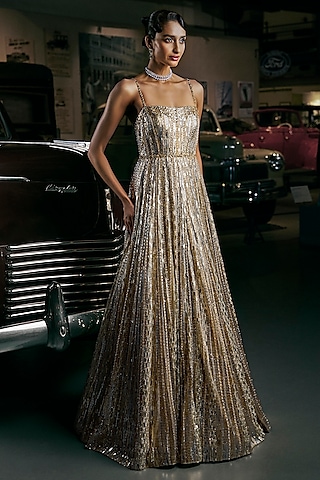 Silver & Gold Net Sequins Embroidered Gown by Seema Gujral