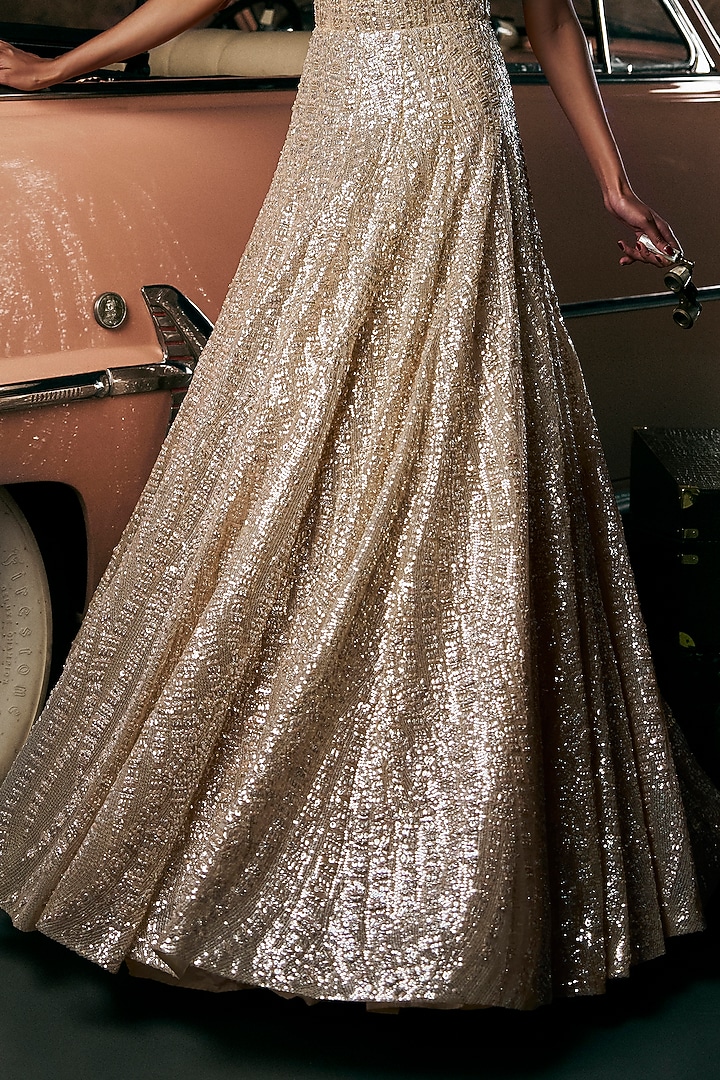 Champagne Net Sequins Embroidered Bridal Gown by Seema Gujral at Pernia's Pop Up Shop