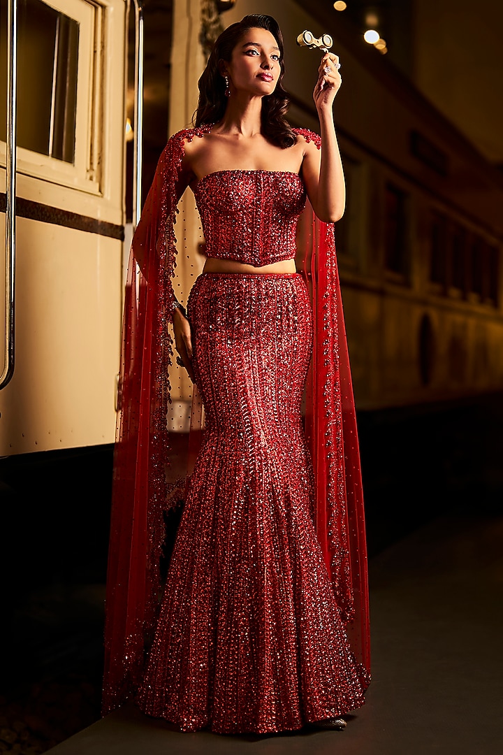 Red Net Embroidered Bridal Lehenga Set by Seema Gujral at Pernia's Pop Up Shop