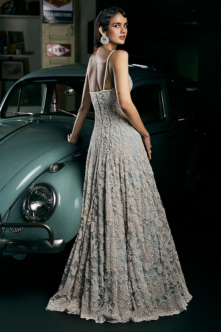 Powder Blue Net Sequins & Crystal Embroidered Bridal Gown by Seema Gujral at Pernia's Pop Up Shop