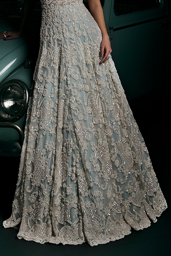 Powder Blue Net Sequins & Crystal Embroidered Bridal Gown by Seema Gujral at Pernia's Pop Up Shop