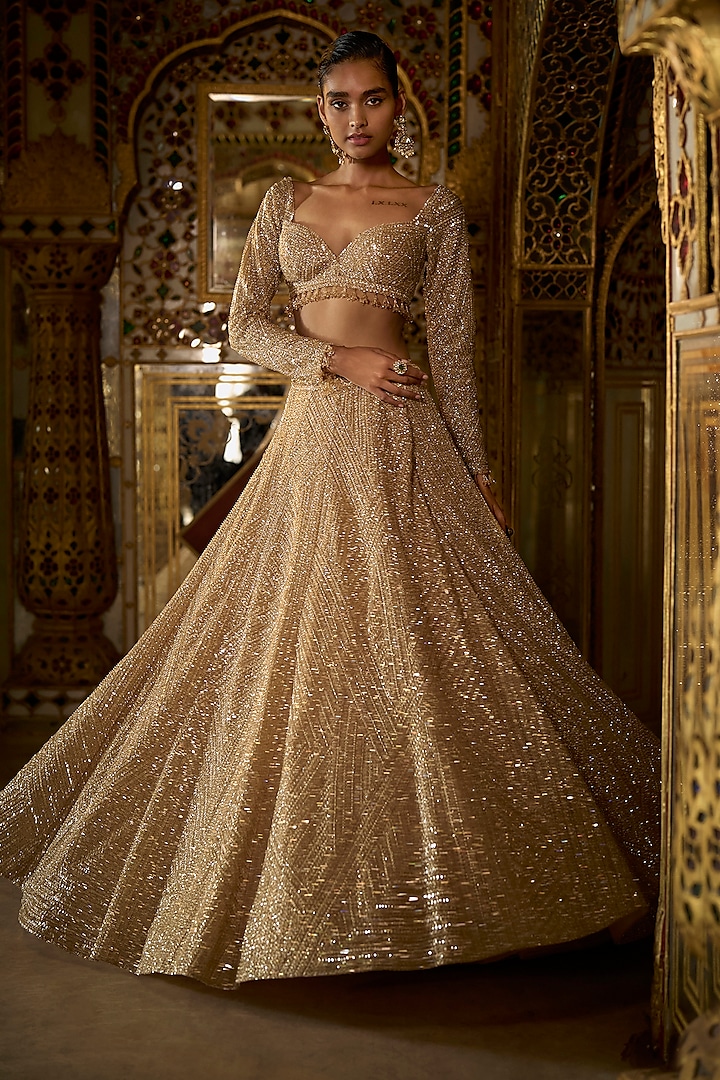 Gold Net Sequins Embroidered Bridal Lehenga Set by Seema Gujral at Pernia's Pop Up Shop