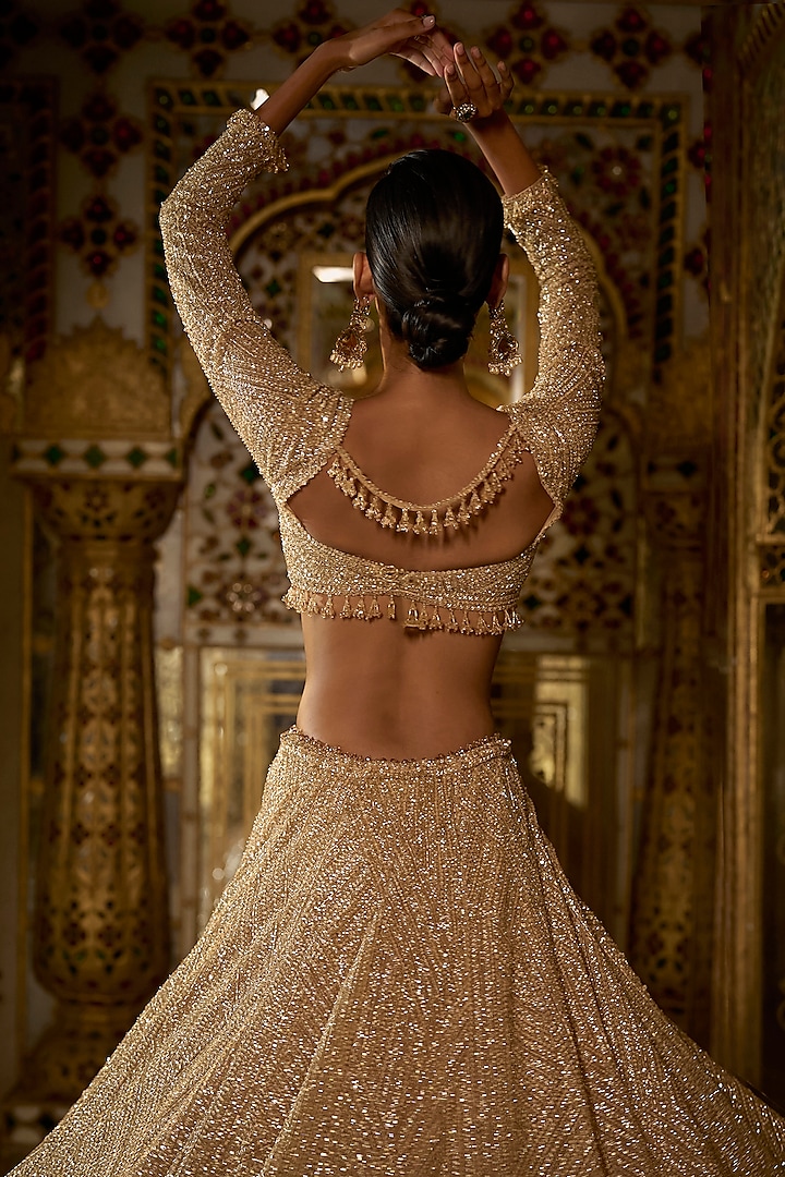 Gold Net Sequins Embroidered Bridal Lehenga Set by Seema Gujral at Pernia's Pop Up Shop