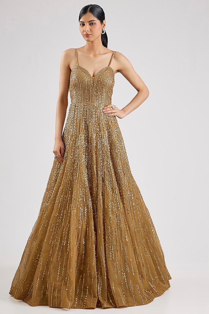 Antique Gold Net Bridal Gown by Seema Gujral at Pernia's Pop Up Shop