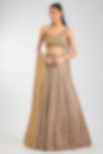 Antique Gold Net Embroidered Bridal Lehenga Set by Seema Gujral at Pernia's Pop Up Shop