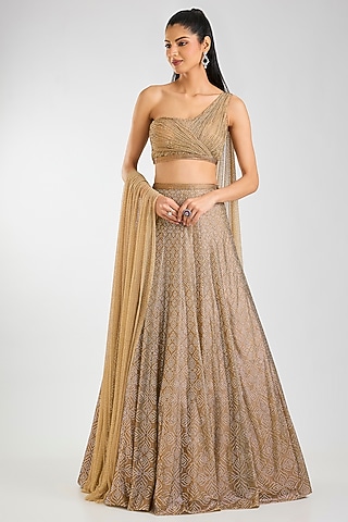 Antique Gold Net Embroidered Lehenga Set by Seema Gujral
