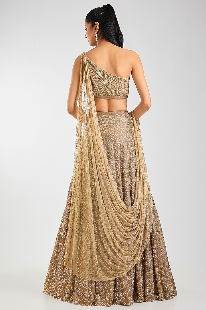 Antique Gold Net Embroidered Bridal Lehenga Set by Seema Gujral at Pernia's Pop Up Shop