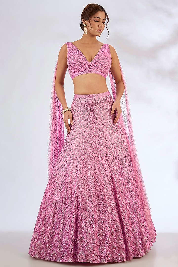 Pink Net Bridal Lehenga Set by Seema Gujral at Pernia's Pop Up Shop