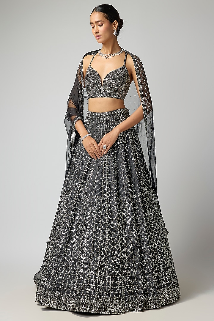 Black Raw Silk Embroidered Bridal Lehenga Set by Seema Gujral at Pernia's Pop Up Shop