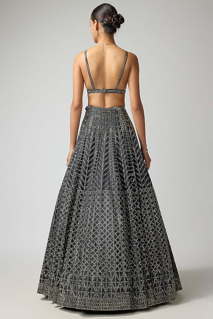 Black Raw Silk Embroidered Bridal Lehenga Set by Seema Gujral at Pernia's Pop Up Shop