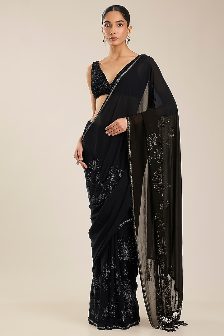 Black Georgette Embroidered Reception Saree Set by Seema Gujral at Pernia's Pop Up Shop