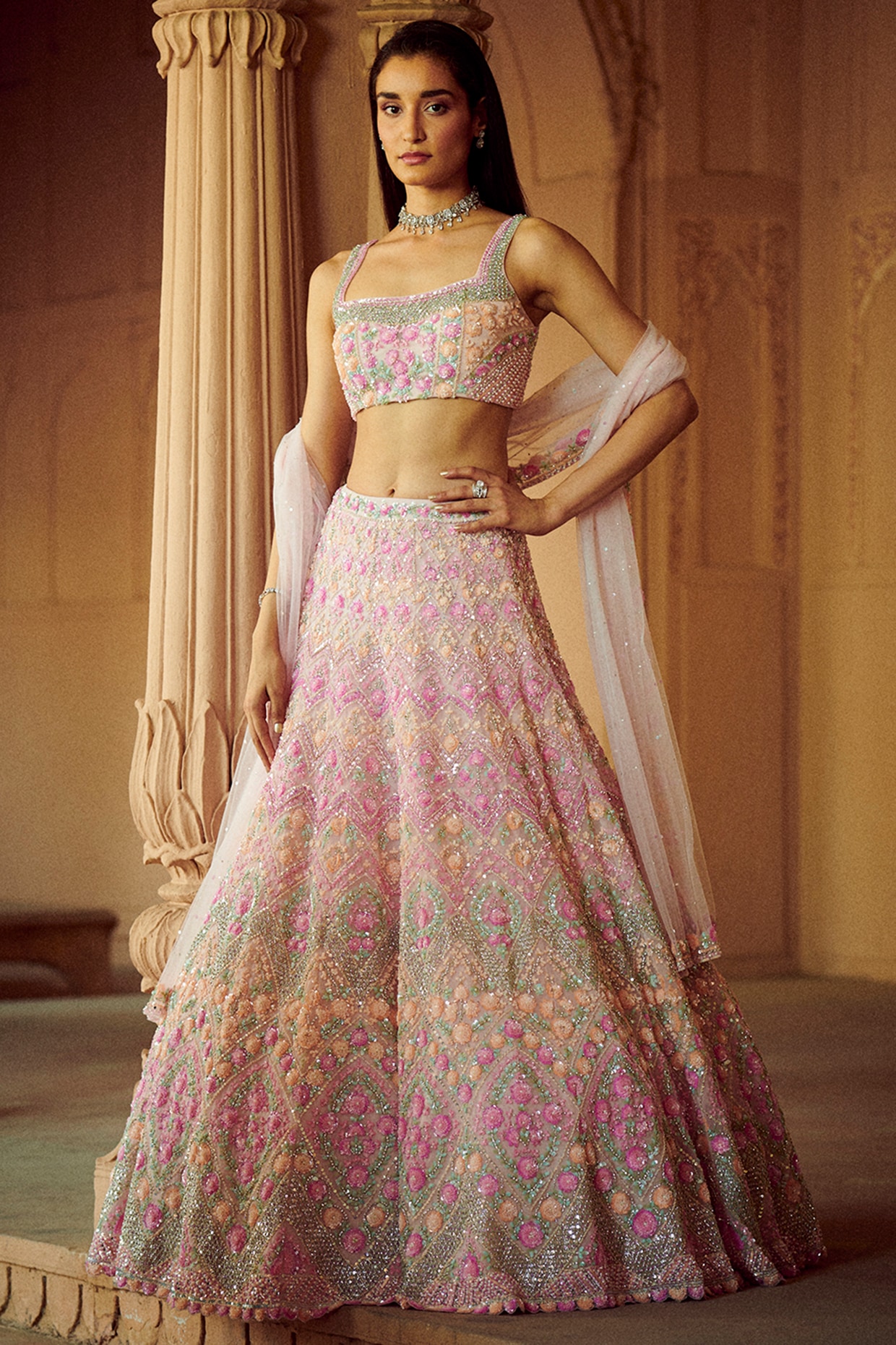 Embroidered Net Lehenga in Light Pink : LJA52