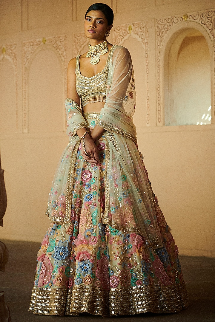 Mint Green Embroidered Lehenga Set by Seema Gujral