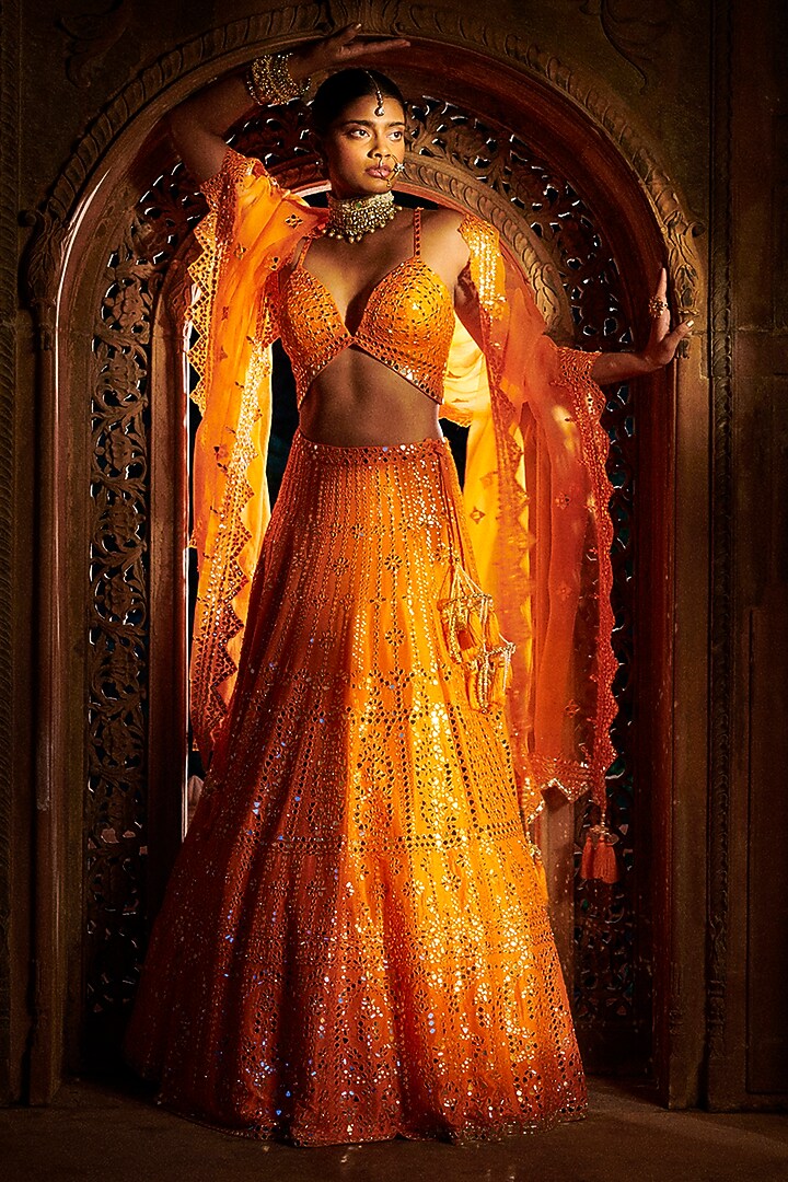 Tangerine Embroidered Bridal Lehenga Set by Seema Gujral at Pernia's Pop Up Shop