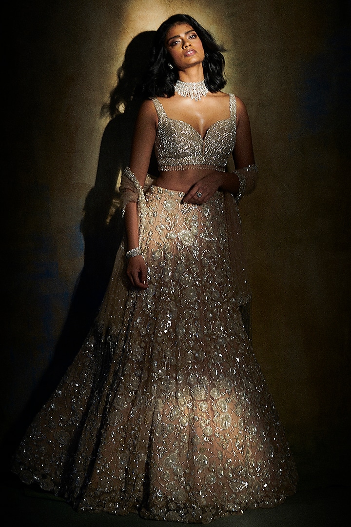 Champagne Crystal Embroidered Lehenga Set by Seema Gujral