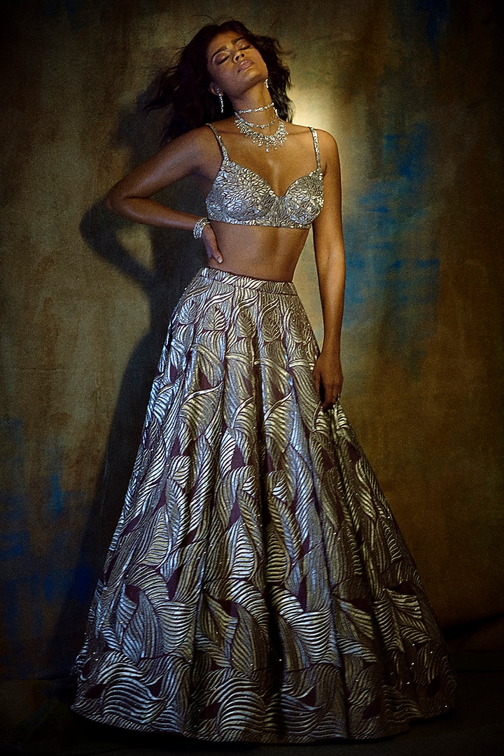 Dusty Mauve Embroidered Bridal Lehenga Set by Seema Gujral at Pernia's Pop Up Shop