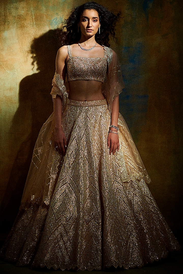 Blush Pink Metallic Embroidered Wedding Lehenga Set by Seema Gujral at Pernia's Pop Up Shop
