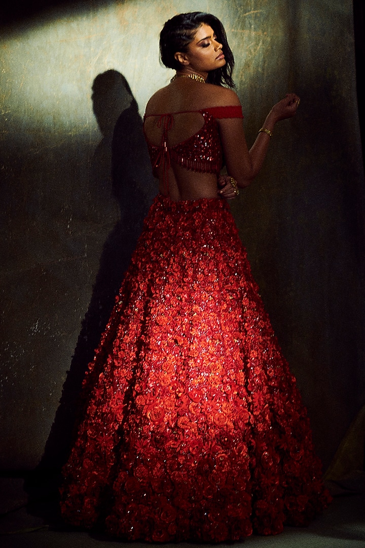 Ruby Red Embroidered Bridal Lehenga Set by Seema Gujral at Pernia's Pop Up Shop