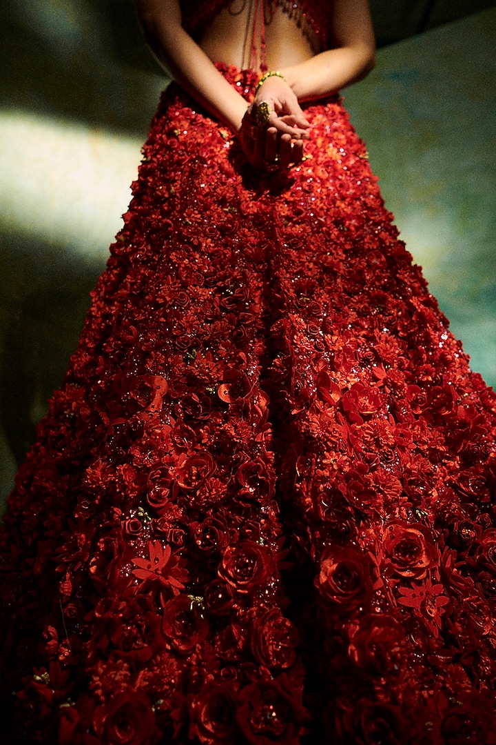 Ruby Red Embroidered Bridal Lehenga Set by Seema Gujral at Pernia's Pop Up Shop