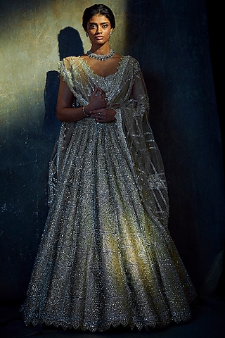 Silver Embroidered Lehenga Set by Seema Gujral