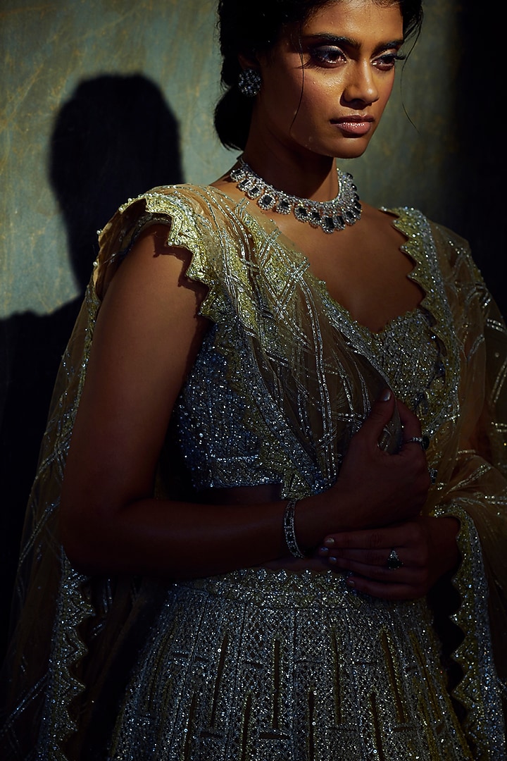 Silver Embroidered Bridal Lehenga Set by Seema Gujral at Pernia's Pop Up Shop