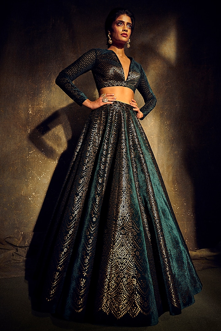Emerald Green Embroidered Lehenga Set by Seema Gujral