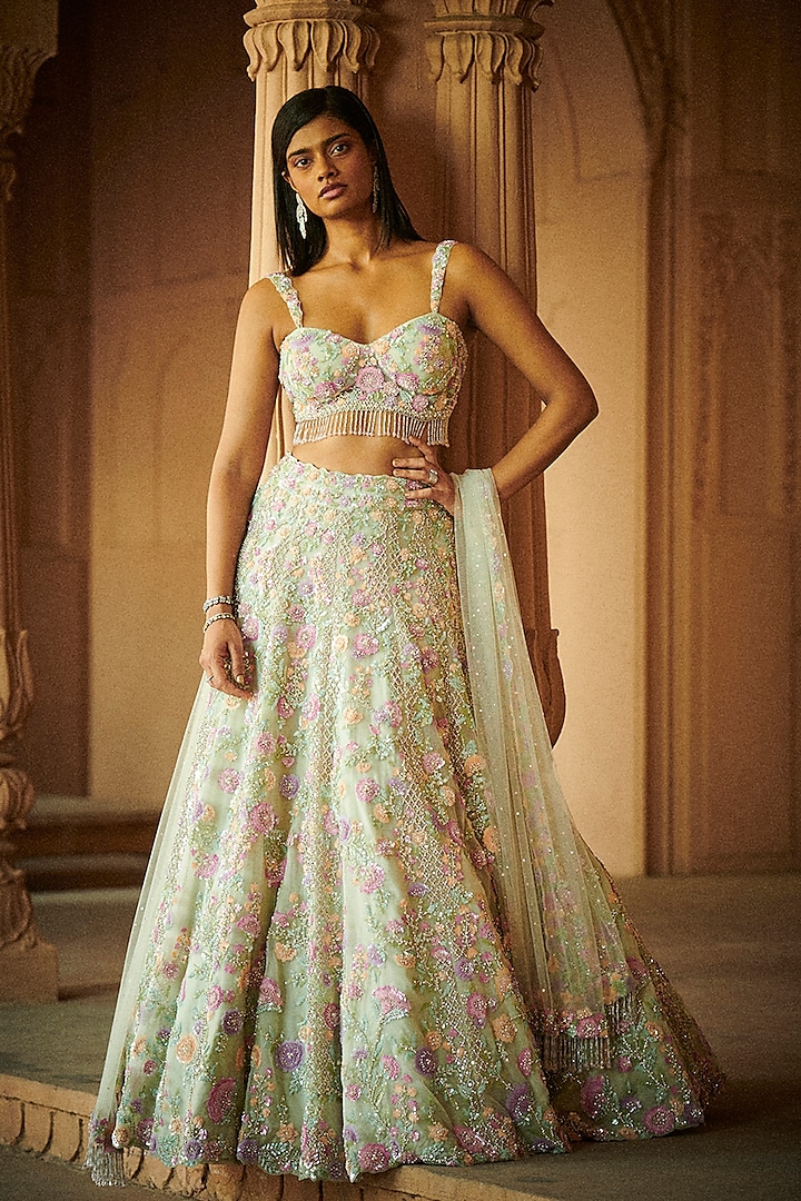 Pale Green Embroidered Bridal Lehenga Set by Seema Gujral at Pernia's Pop Up Shop