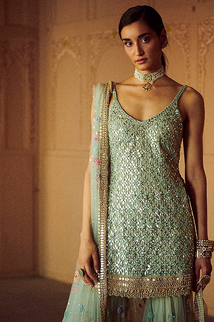 Mint Green Embroidered Bridal Sharara Set by Seema Gujral at Pernia's Pop Up Shop