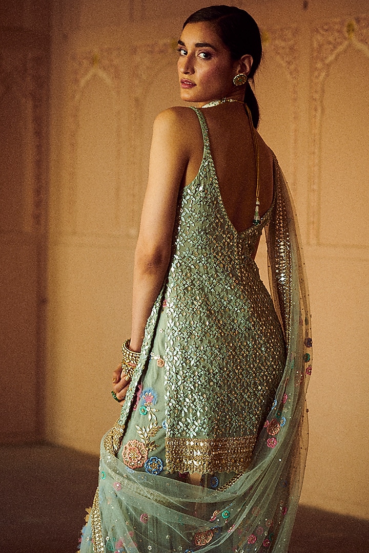 Mint Green Embroidered Bridal Sharara Set by Seema Gujral at Pernia's Pop Up Shop