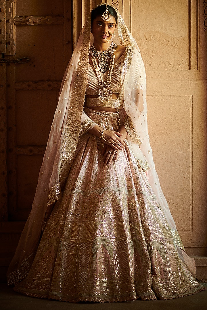 Pale Pink Pearl Embroidered Lehenga Set by Seema Gujral