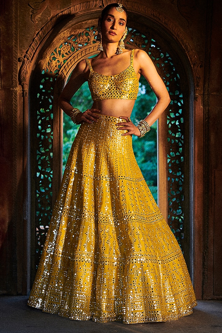 Saffron Yellow Embroidered Bridal Lehenga Set by Seema Gujral at Pernia's Pop Up Shop
