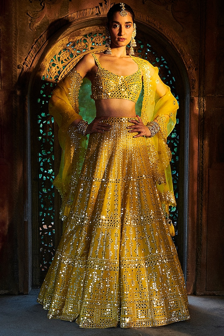 Saffron Yellow Embroidered Bridal Lehenga Set by Seema Gujral at Pernia's Pop Up Shop