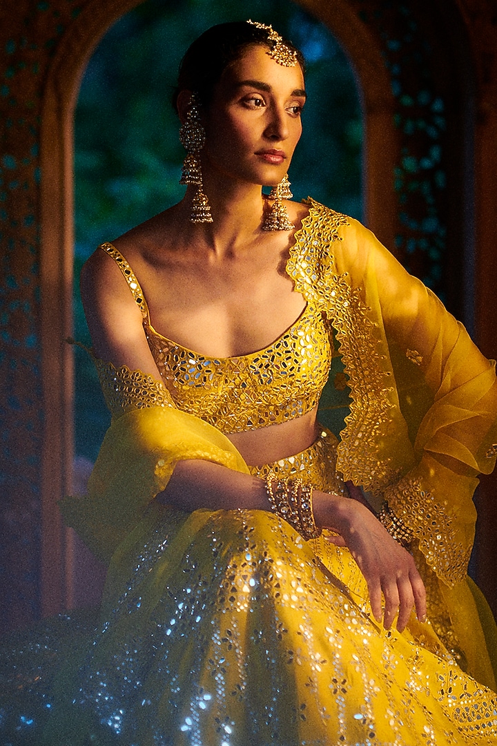 Saffron Yellow Embroidered Bridal Lehenga Set by Seema Gujral at Pernia's Pop Up Shop
