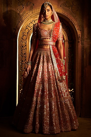 Crimson Red Embroidered Bridal Lehenga Set by Seema Gujral at Pernia's Pop Up Shop