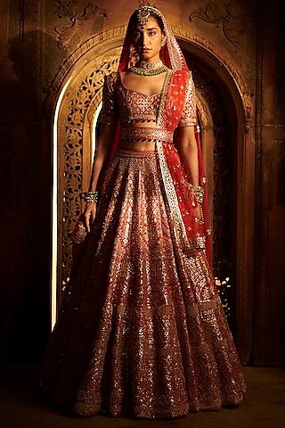 Crimson Red Embroidered Lehenga Set by Seema Gujral