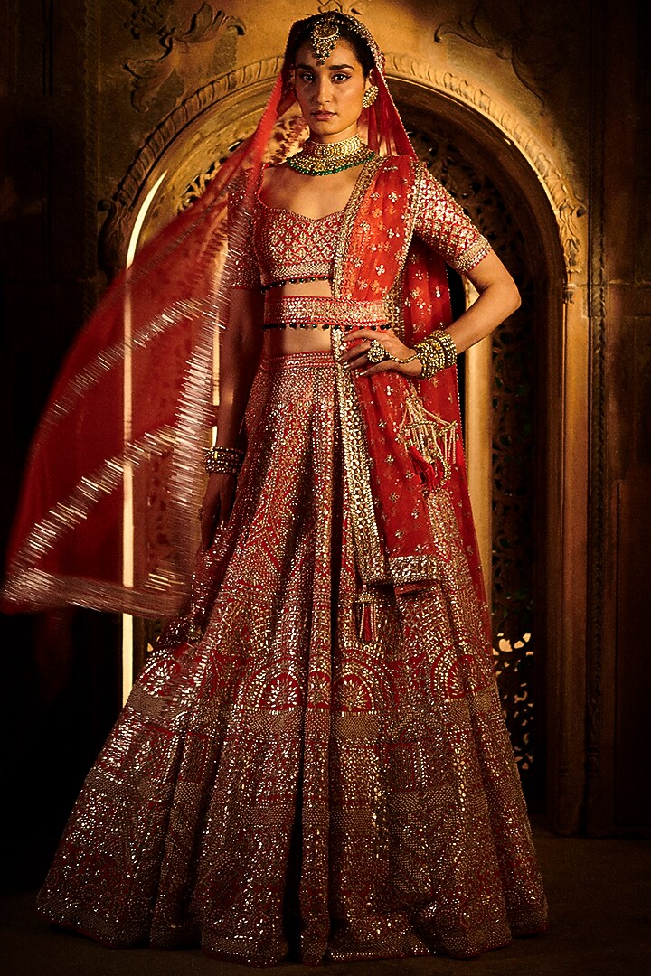 Crimson Red Embroidered Bridal Lehenga Set by Seema Gujral at Pernia's Pop Up Shop