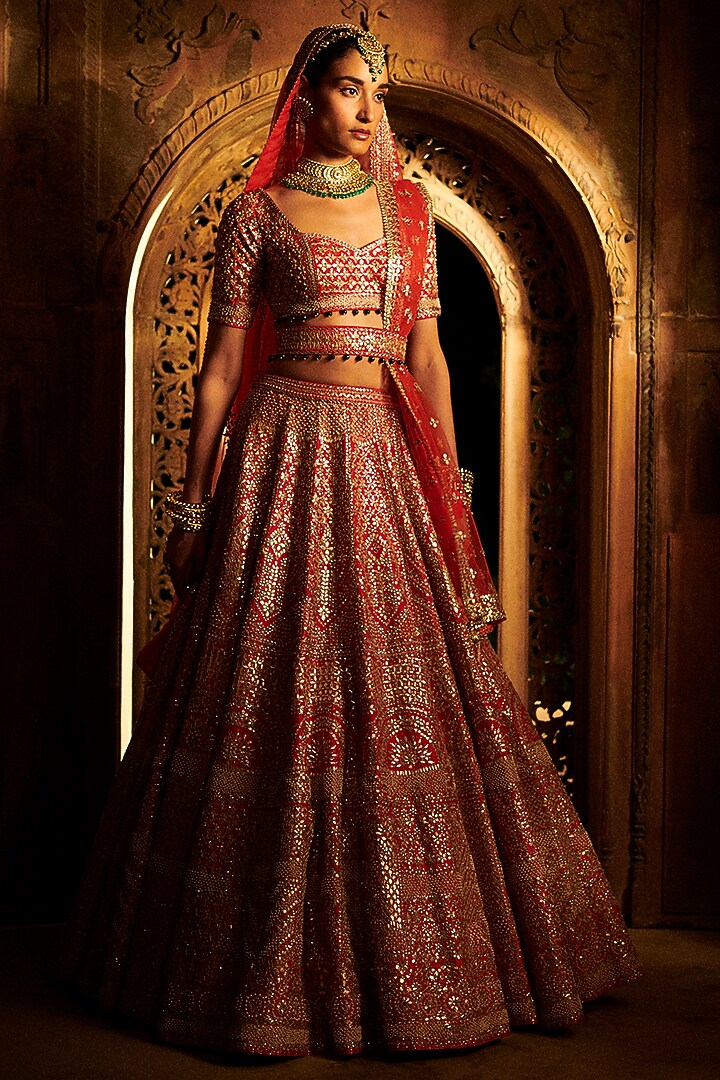 Crimson Red Embroidered Bridal Lehenga Set by Seema Gujral at Pernia's Pop Up Shop