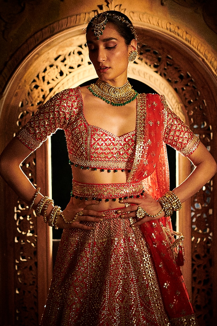 Crimson Red Embroidered Bridal Lehenga Set by Seema Gujral at Pernia's Pop Up Shop