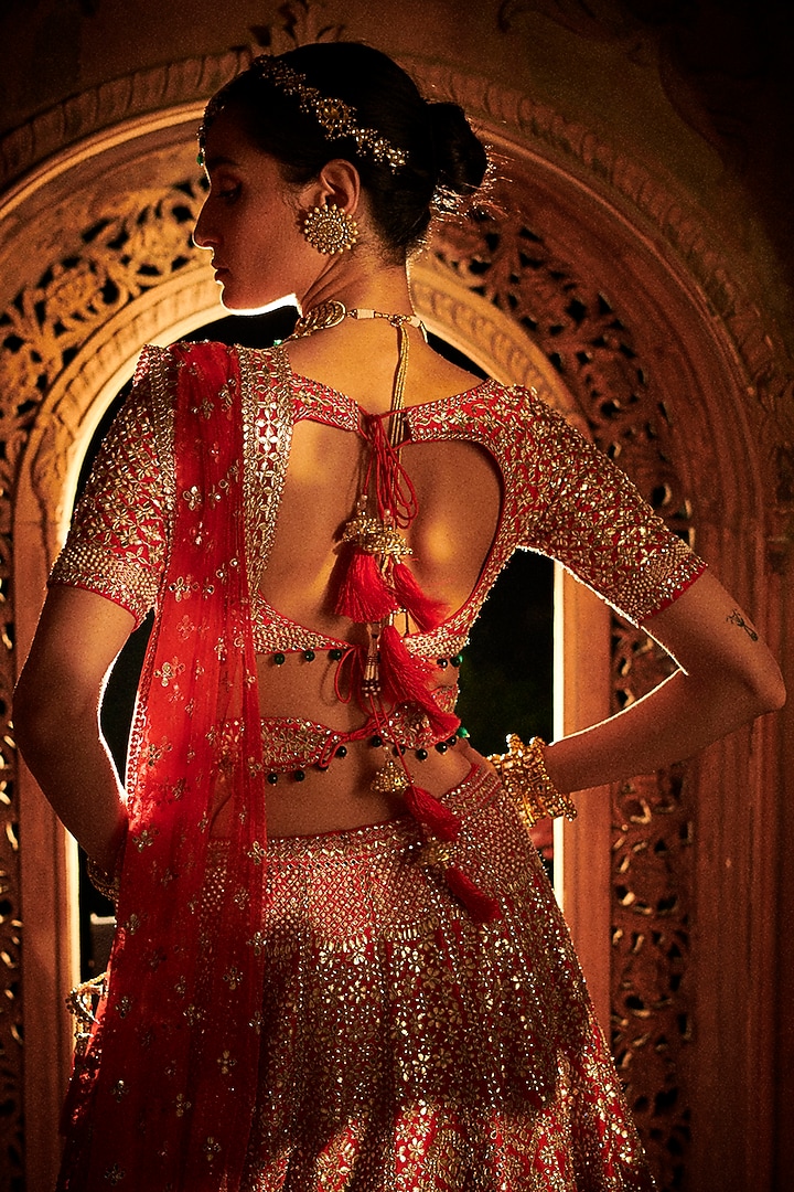 Crimson Red Embroidered Bridal Lehenga Set by Seema Gujral at Pernia's Pop Up Shop