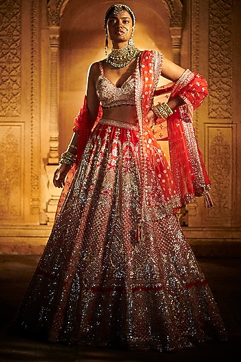 Scarlet Red Embroidered Bridal Lehenga Set by Seema Gujral at Pernia's Pop Up Shop