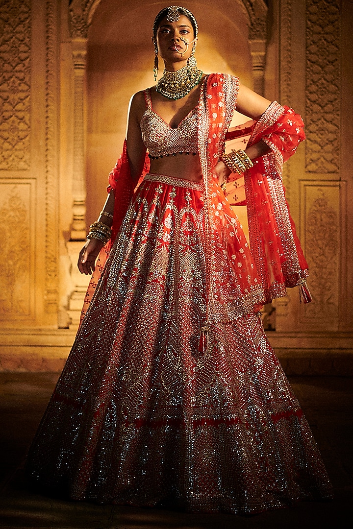 Scarlet Red Embroidered Lehenga Set by Seema Gujral