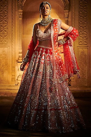 Scarlet Red Embroidered Lehenga Set by Seema Gujral