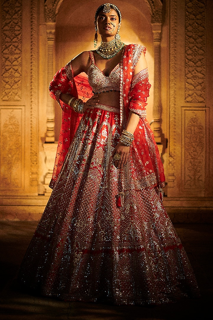 Scarlet Red Embroidered Bridal Lehenga Set by Seema Gujral at Pernia's Pop Up Shop