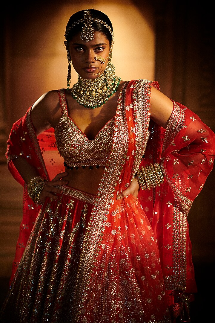 Scarlet Red Embroidered Bridal Lehenga Set by Seema Gujral at Pernia's Pop Up Shop