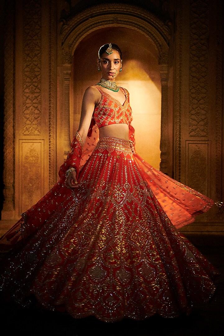 Orange Embroidered Bridal Lehenga Set by Seema Gujral at Pernia's Pop Up Shop