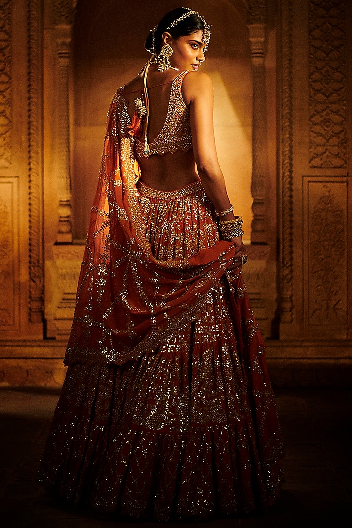 Royal Rust Embroidered Bridal Lehenga Set by Seema Gujral at Pernia's Pop Up Shop