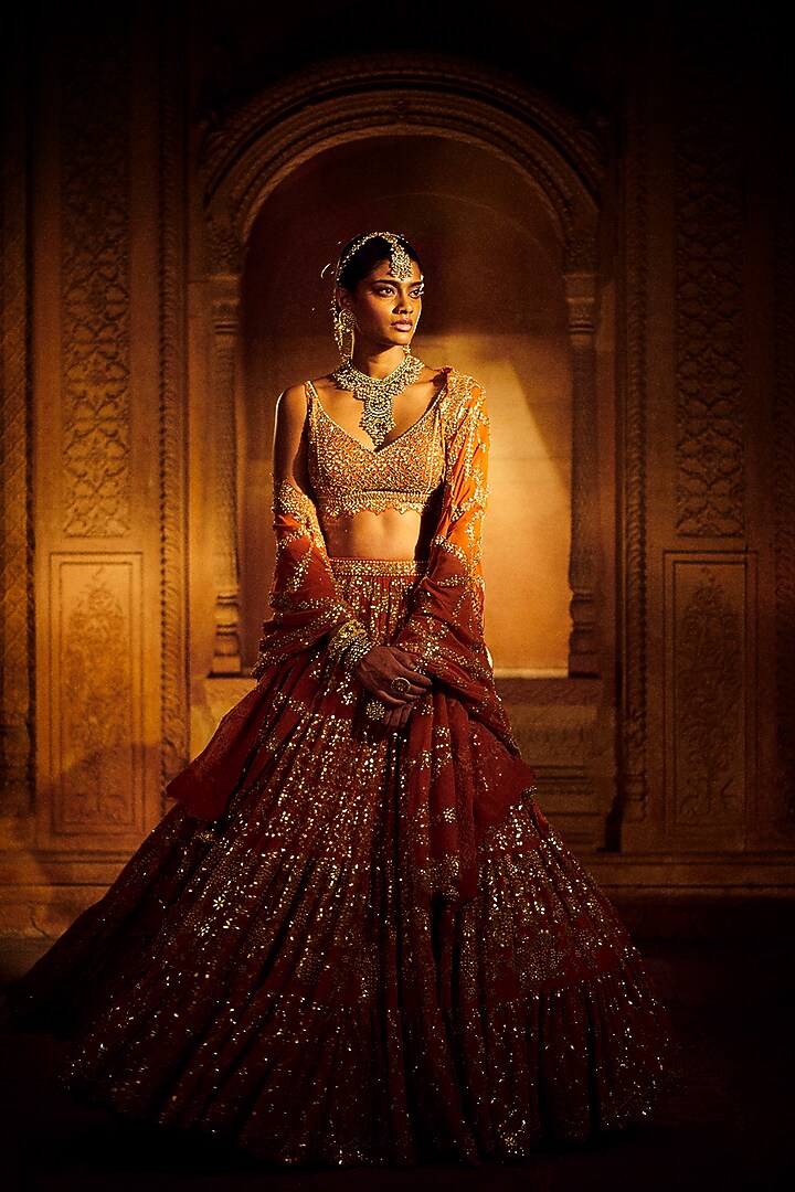 Royal Rust Embroidered Bridal Lehenga Set by Seema Gujral at Pernia's Pop Up Shop