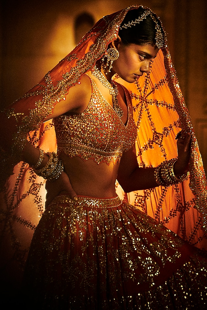 Royal Rust Embroidered Bridal Lehenga Set by Seema Gujral at Pernia's Pop Up Shop