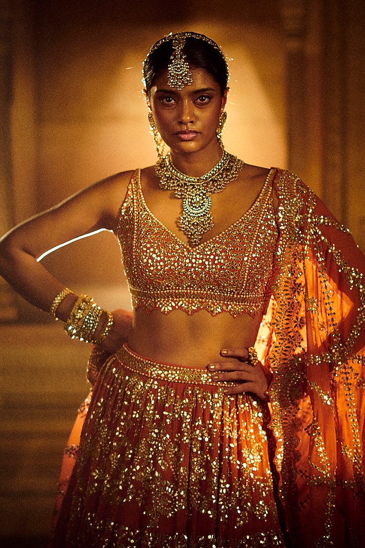 Royal Rust Embroidered Bridal Lehenga Set by Seema Gujral at Pernia's Pop Up Shop